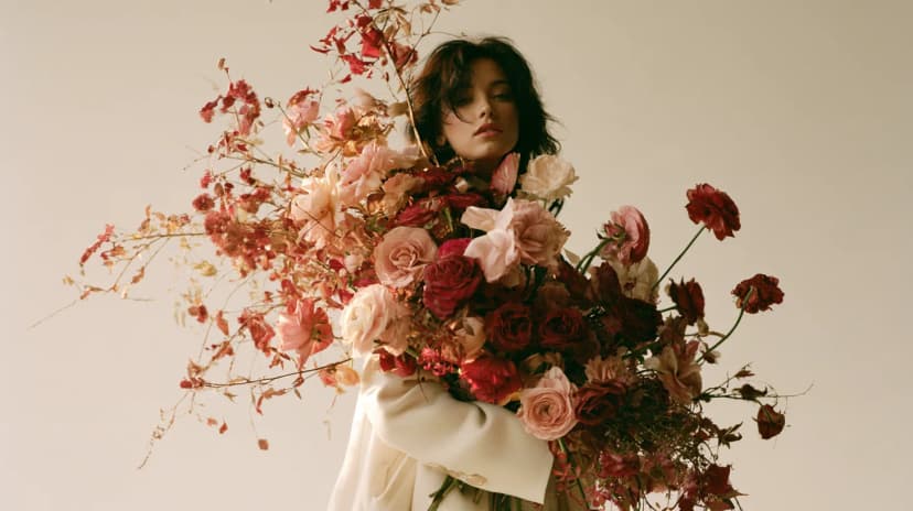 This week's armful: garden roses, ranunculus and smoke bush.